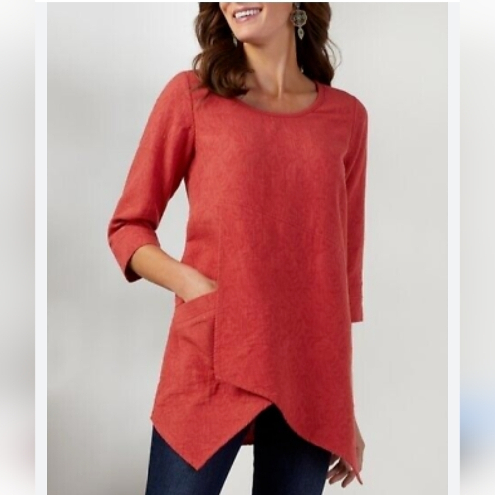Soft Surrounding Asymetrical Women Red Tunic Blouse Red Textured L Lagenlook Y2k